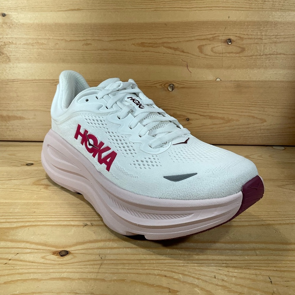 Hoka One Bondi 9 Running Shoes Women’s 9.5 D WIDE White Pink Opal 1162014 WKP